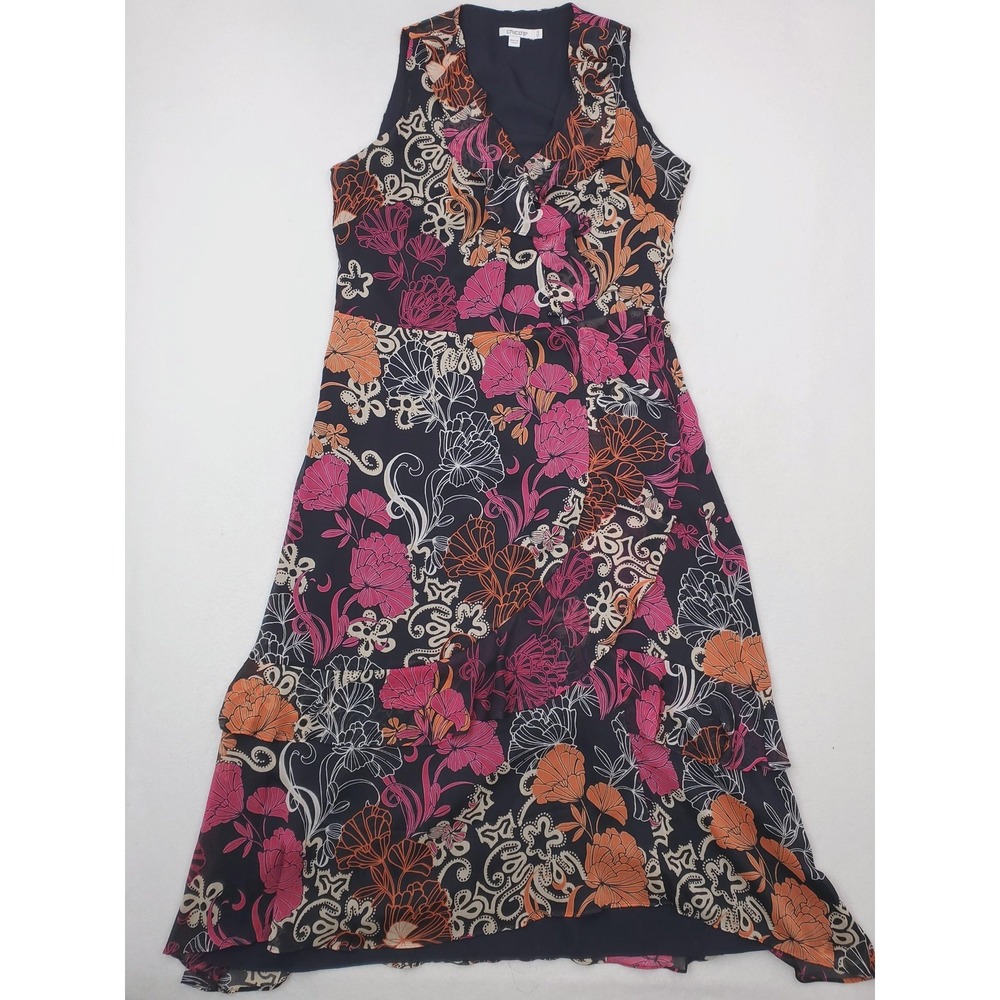 Chico's Dress‎ Womens 10 Navy Multicolor Floral Chiffon Ruffle Midi Sundress
